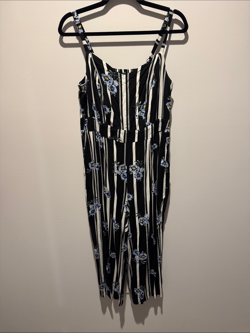Torrid Women’s Black & White Striped Jumpsuit with Blue Floral Print